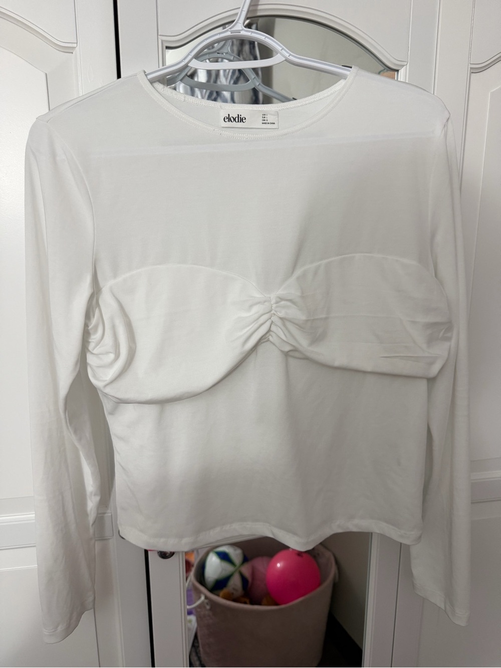 Elodie White Long-Sleeve Ruched Bust Detail Top